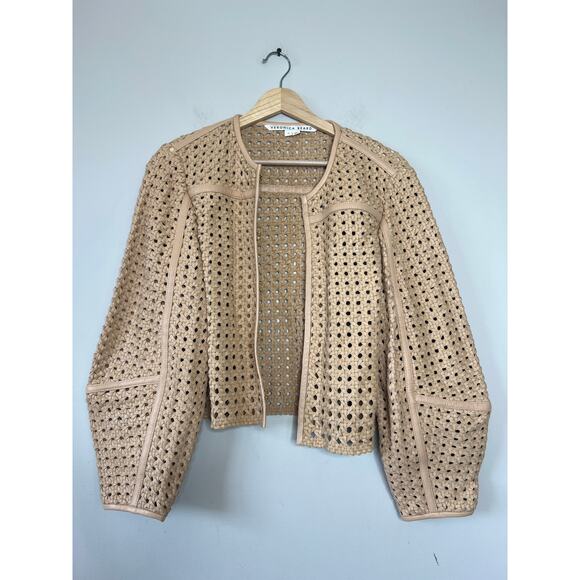 NEW Veronica Beard Fio Woven Leather Puff Sleeve Eyelet Jacket Brown Size: M - Picture 2 of 8